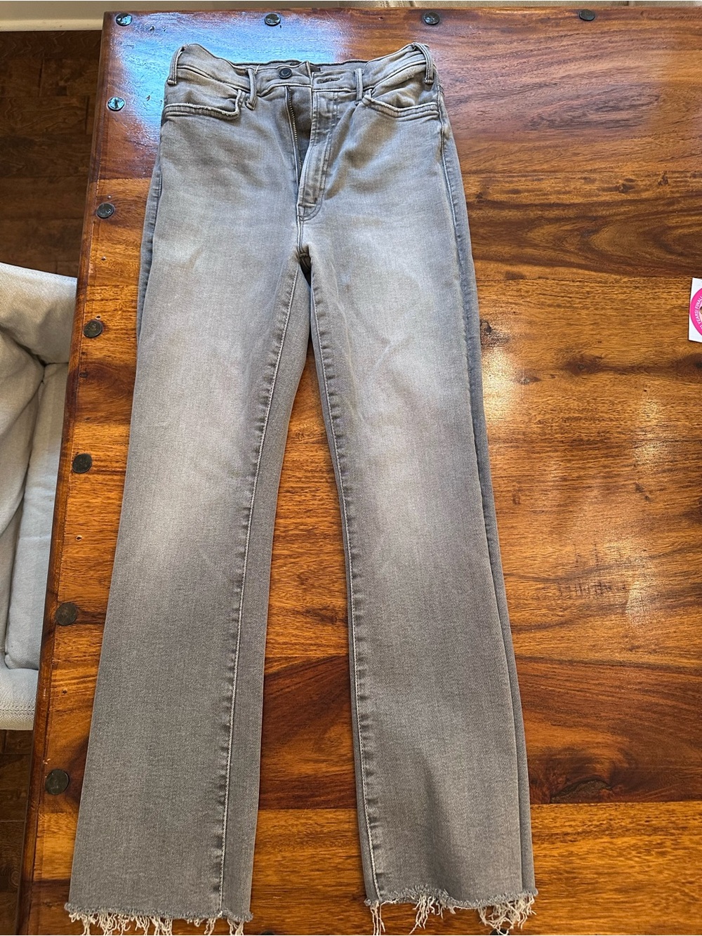 MOTHER High-Rise Ankle Jeans in Light Gray with Frayed Hem